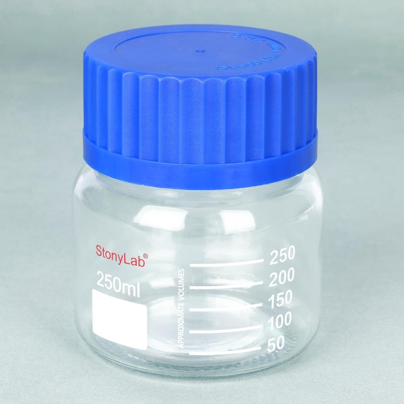 stonylab Graduated Storage Bottle, Premium Glass Round Bottom Reagent Bottle with GL80 Screw Cap, High Transparency Wide Mouth Media Storage Bottle with Clear Scale, 250 ml - Image 5